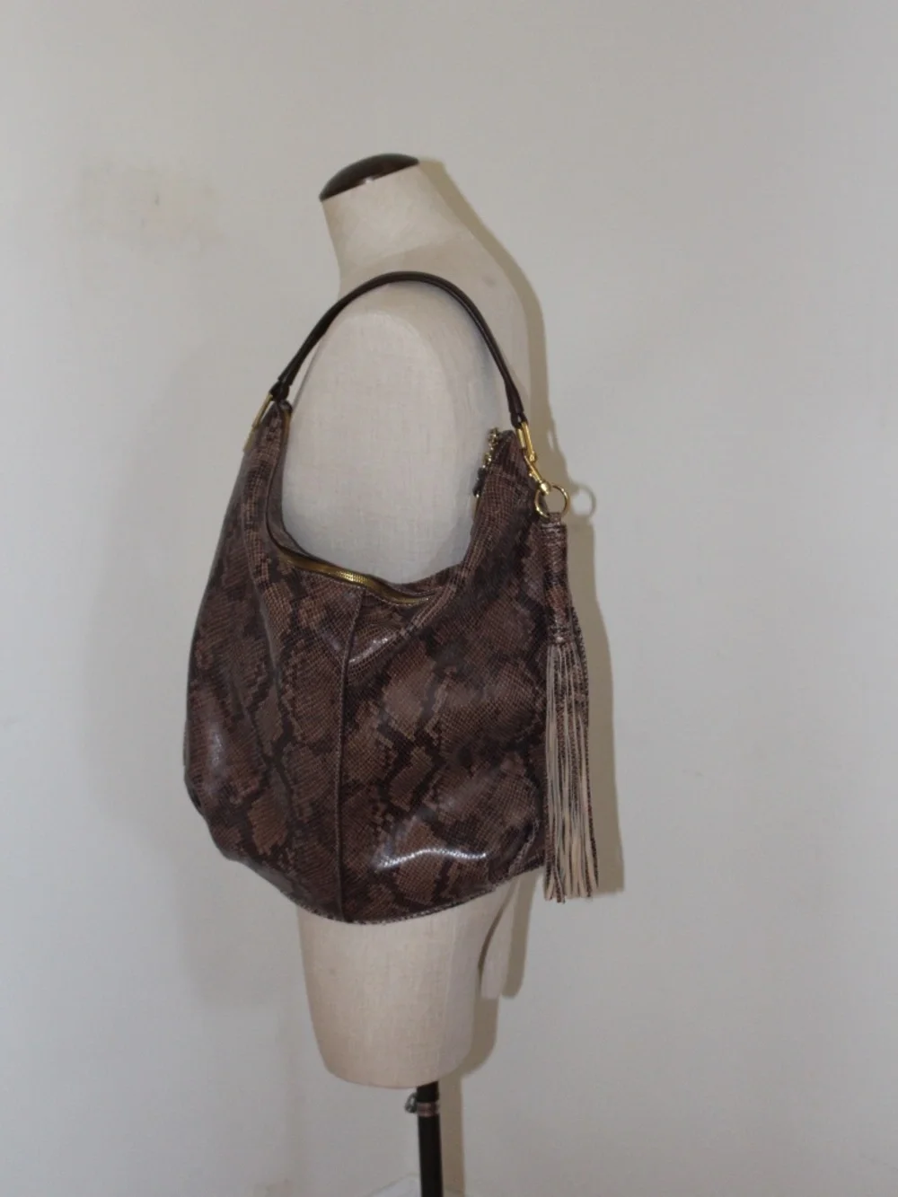 G.I.L. Snakeskin Tassel Leather Large Shoulder Hobo Bag